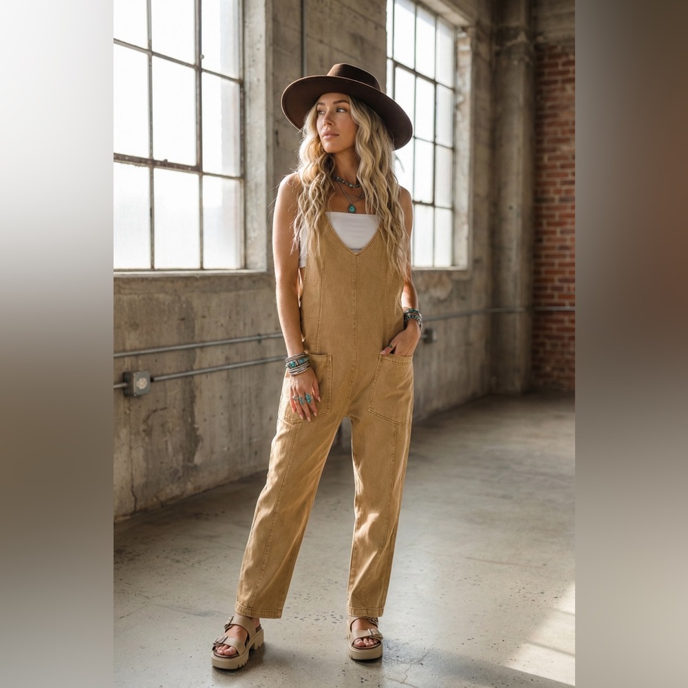 Casual Tan V-Neck Cotton Overalls Jumpsuit